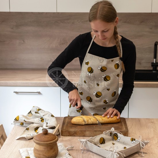 Colourful half-linen kitchen apron "Bees"